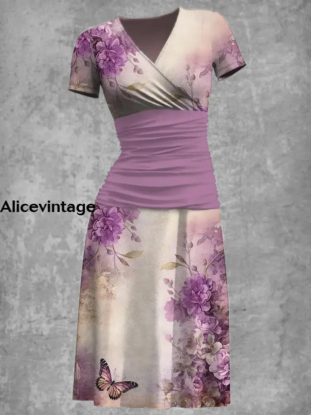 Elegant Vintage Purple Flowers Printed V-Neck Short Sleeve Fashion Midi Dress A / S