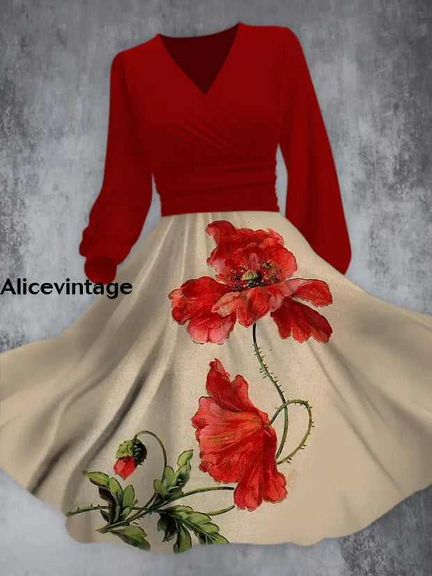 Elegant Vintage Red Flowers Print V-Neck Long Sleeve Midi Dress A / S