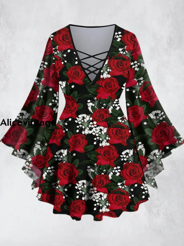 Elegant Vintage Rose Printed V-Neck Hollow Cut Flared Long Sleeve Mid-Long Top A / Xs