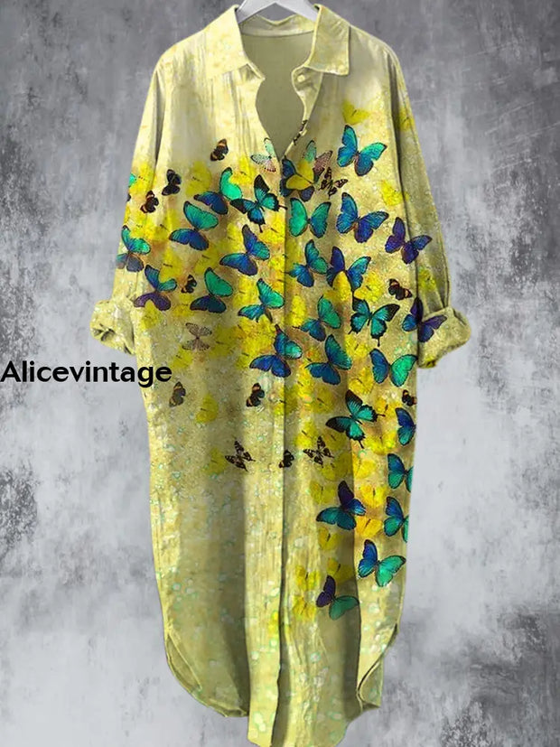 Elegant Vintage Sequin Butterfly Printed V-Neck Lapel Button Loose Midi Shirt Dress A / S