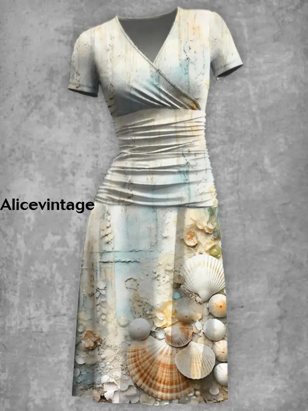 Elegant Vintage Shell Print V-Neck Short Sleeve Fashion Midi Dress A / S