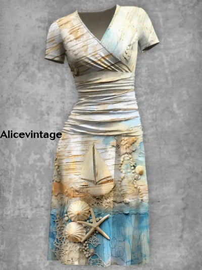 Elegant Vintage Shell Printed V-Neck Short Sleeve Fashion Midi Dress A / S