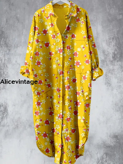 Elegant Yellow Floral Printed V-Neck Lapel Button Loose Vintage Midi Shirt Dress A / S