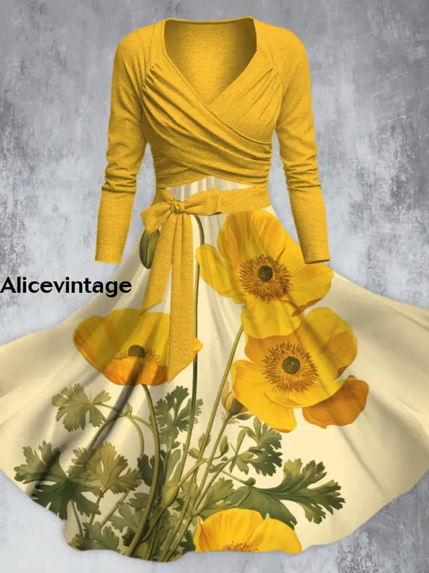 Elegant Yellow Flower Print V-Neck Long Sleeve Straps Midi Dress A / S