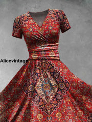 Ethic Art Print V-Neck Short Sleeve Vintage Maxi Dress