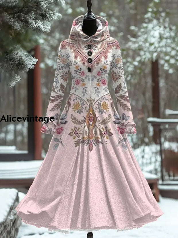 Ethnic Art Print Long Sleeve Vintage Hooded Dress A / S