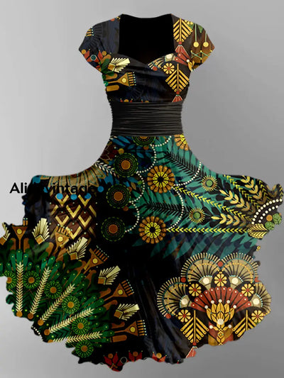 Ethnic Art Print V-Neck Vintage Chic Short Sleeve Midi Dress A / S