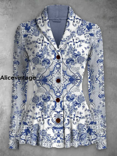 Ethnic Art Print Vintage Elegant Lapel Button Up Long Sleeve Top A / S