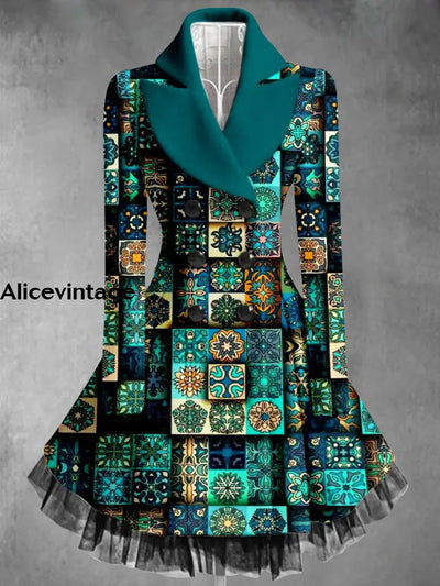 Ethnic Art Print Vintage Elegant Lapel V-Neck Button Up Long Sleeve Coat Dress