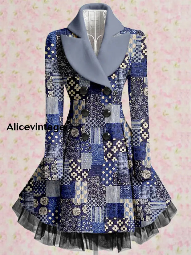 Ethnic Art Print Vintage Elegant Lapel V-Neck Button Up Long Sleeve Coat Dress