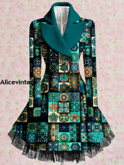 Ethnic Art Print Vintage Elegant Lapel V-Neck Button Up Long Sleeve Coat Dress