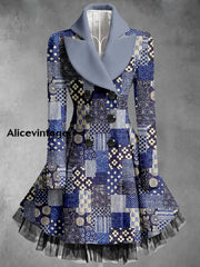 Ethnic Art Print Vintage Elegant Lapel V-Neck Button Up Long Sleeve Coat Dress