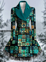 Ethnic Art Print Vintage Elegant Lapel V-Neck Button Up Long Sleeve Coat Dress A / S