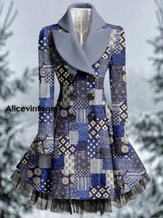 Ethnic Art Print Vintage Elegant Lapel V-Neck Button Up Long Sleeve Coat Dress A / S