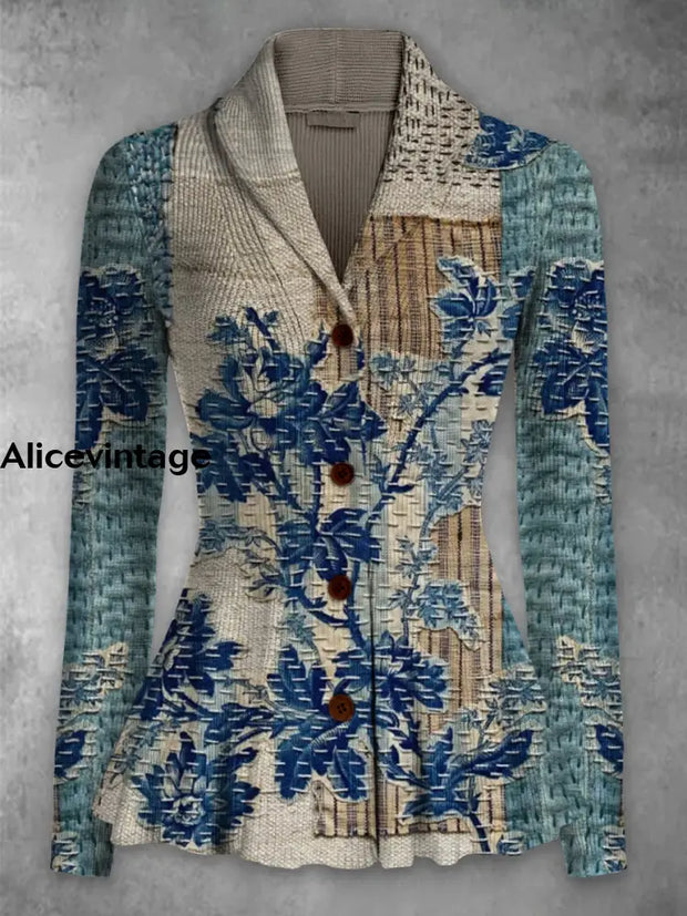 Ethnic Art Print Vintage Elegant Lapel V-Neck Button Up Long Sleeve Top A / S