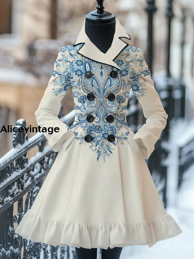 Ethnic Art Print Vintage Elegant Stand-Up Collar Long Sleeve Coat Dress A / S