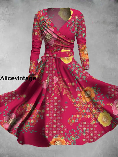 Ethnic Art Print Vintage V-Neck Long Sleeve Two Piece Midi Dress A / S