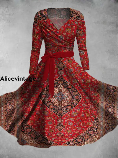 Ethnic Art Print Vintage V-Neck Long Sleeve Two Piece Midi Dress A / S