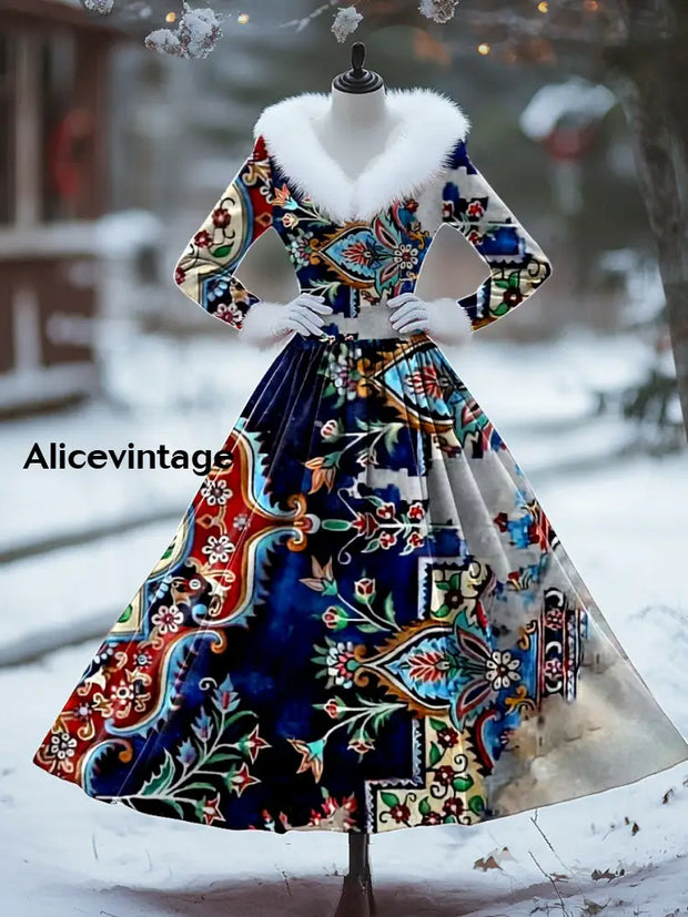 Ethnic Floral Print Vintage Elegant Fur Collar Long Sleeve Midi Dress A / S