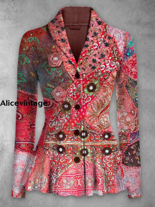 Ethnic Pattern Print Vintage Elegant Lapel V-Neck Button Up Long Sleeve Top