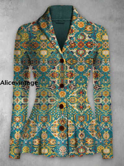 Ethnic Pattern Print Vintage Elegant Lapel V-Neck Button Up Long Sleeve Top A / S