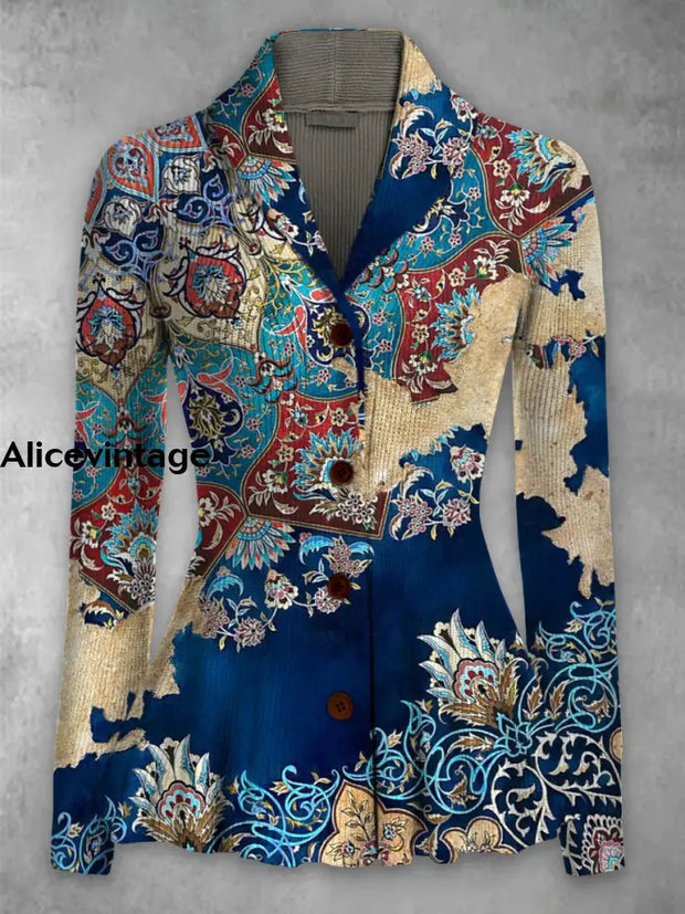 Ethnic Pattern Print Vintage Elegant Lapel V-Neck Button Up Long Sleeve Top A / S