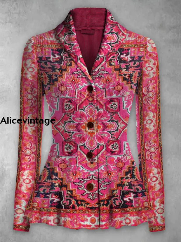 Ethnic Pattern Print Vintage Elegant Lapel V-Neck Button Up Long Sleeve Top A / S