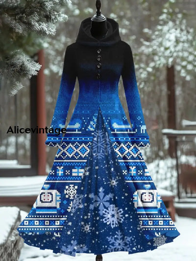 Ethnic Snowflake Art Print Vintage Elegant Long Sleeve Fake Two Piece Hooded Dress A / S