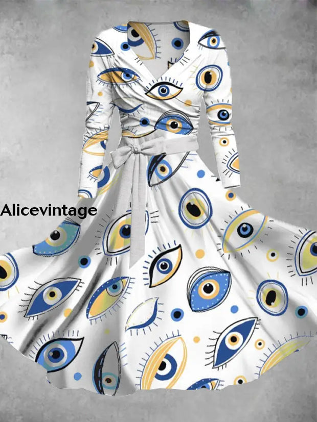 Eyeball Print Vintage V-Neck Long Sleeve Two Piece Midi Dress A / S