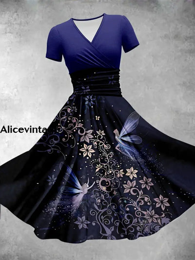 Fairy Art Print V-Neck Vintage Fashion Short Sleeve Midi Dress A / S