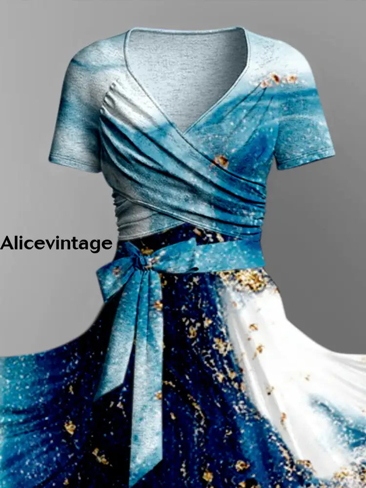 Fantasy Abstract Color Print Vintage V-Neck Short Sleeve Two-Piece Midi Dress