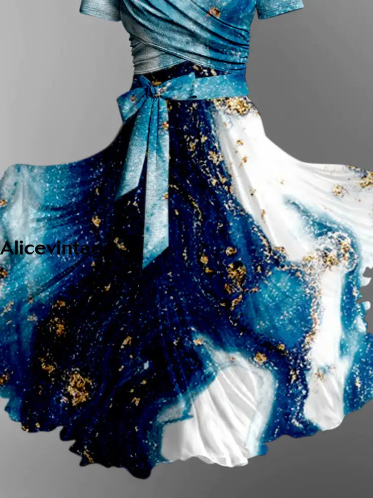 Fantasy Abstract Color Print Vintage V-Neck Short Sleeve Two-Piece Midi Dress