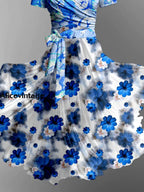 Fantasy Floral Art Print Vintage V-Neck Short Sleeve Two-Piece Midi Dress