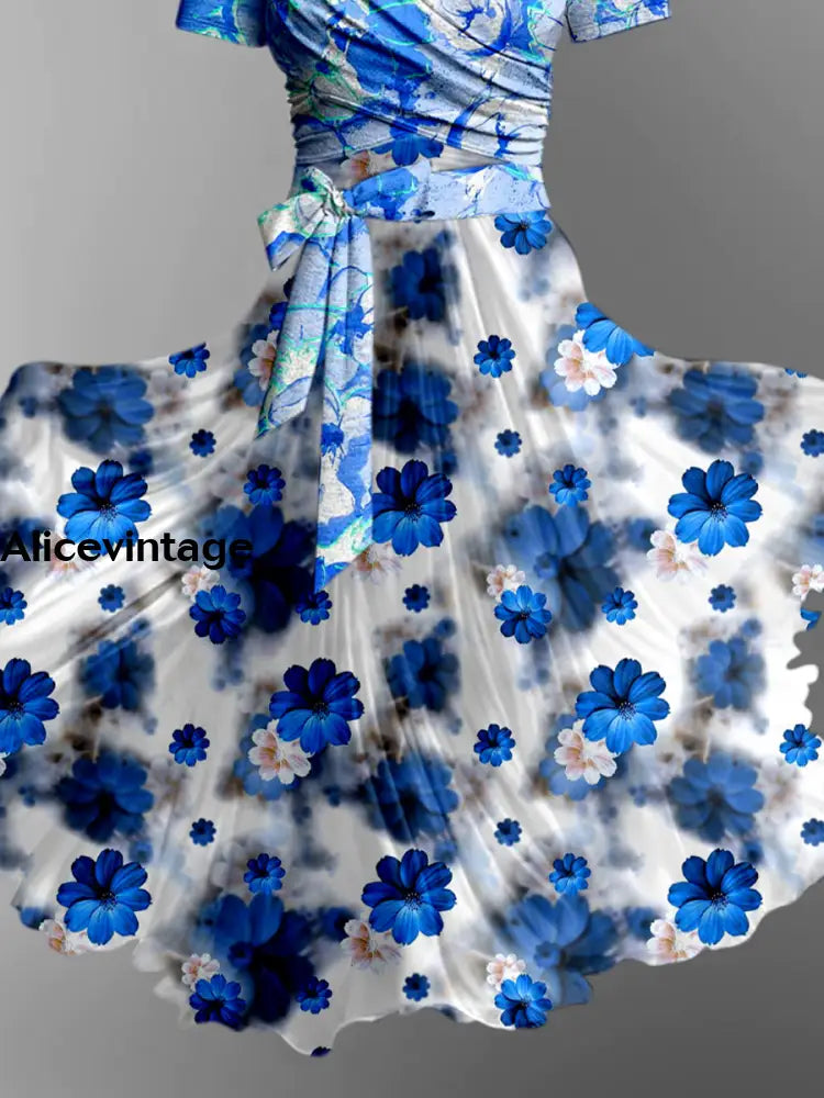 Fantasy Floral Art Print Vintage V-Neck Short Sleeve Two-Piece Midi Dress