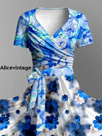 Fantasy Floral Art Print Vintage V-Neck Short Sleeve Two-Piece Midi Dress