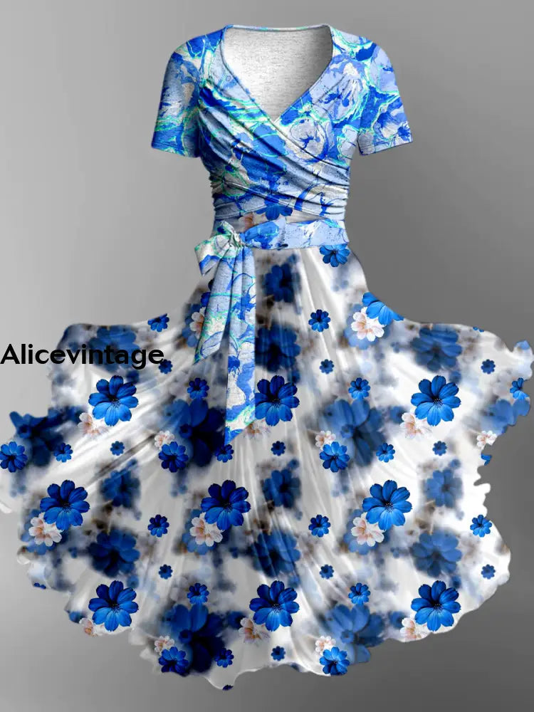 Fantasy Floral Art Print Vintage V-Neck Short Sleeve Two-Piece Midi Dress A / S