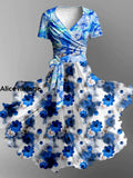 Fantasy Floral Art Print Vintage V-Neck Short Sleeve Two-Piece Midi Dress A / S