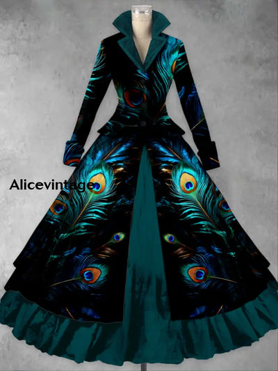 Feather Art Print Vintage Elegant Lapel V-Neck Long Sleeve Maxi Dress