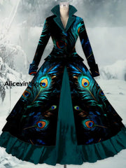 Feather Art Print Vintage Elegant Lapel V-Neck Long Sleeve Maxi Dress A / S