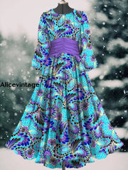 Feather Art Print Vintage Elegant Round Neck Long Sleeve Maxi Dress A / S