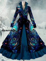 Feather Art Printed Vintage Elegant Lapel V-Neck Button Up Double Hem Long-Sleeved Midi Dress