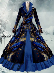 Feather Art Printed Vintage Elegant Lapel V-Neck Button Up Double Hem Long-Sleeved Midi Dress