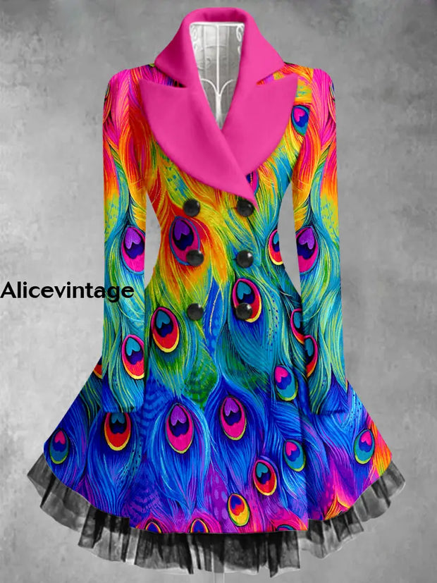 Feather Print Vintage Elegant Lapel V-Neck Button Up Long Sleeve Coat Dress