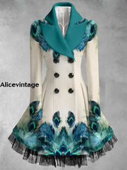 Feather Print Vintage Elegant Lapel V-Neck Button Up Long Sleeve Coat Dress