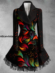 Feather Print Vintage Elegant Lapel V-Neck Button Up Long Sleeve Coat Dress