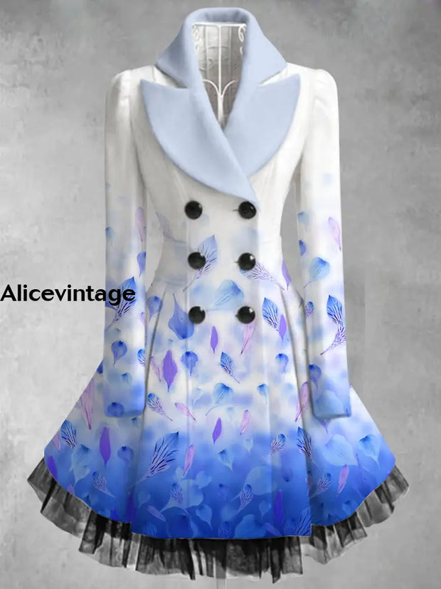 Feather Print Vintage Elegant Lapel V-Neck Button Up Long Sleeve Coat Dress