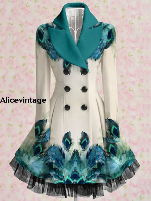 Feather Print Vintage Elegant Lapel V-Neck Button Up Long Sleeve Coat Dress