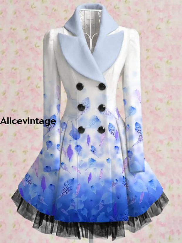 Feather Print Vintage Elegant Lapel V-Neck Button Up Long Sleeve Coat Dress