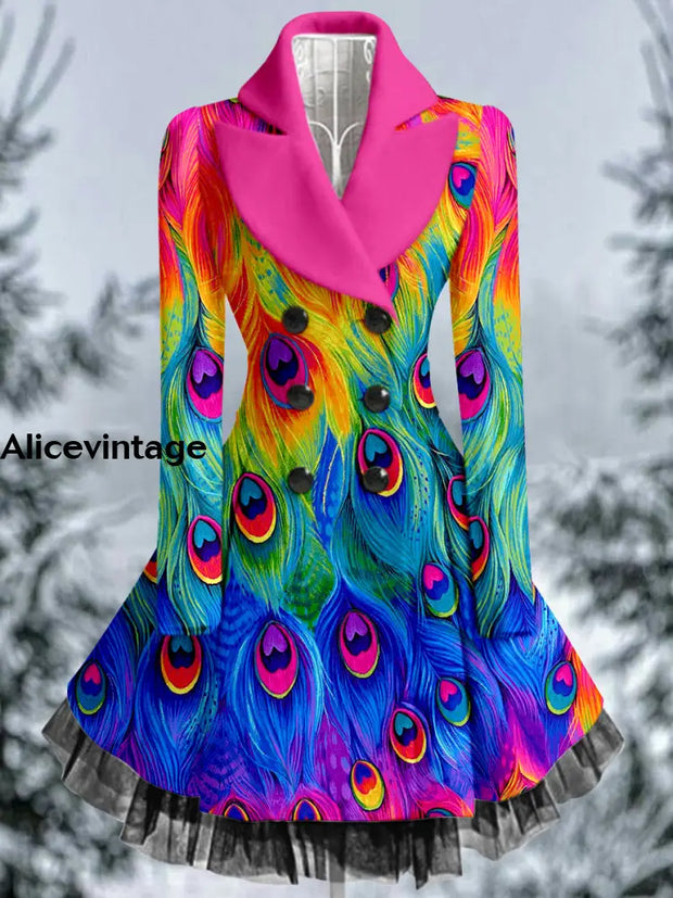 Feather Print Vintage Elegant Lapel V-Neck Button Up Long Sleeve Coat Dress A / S