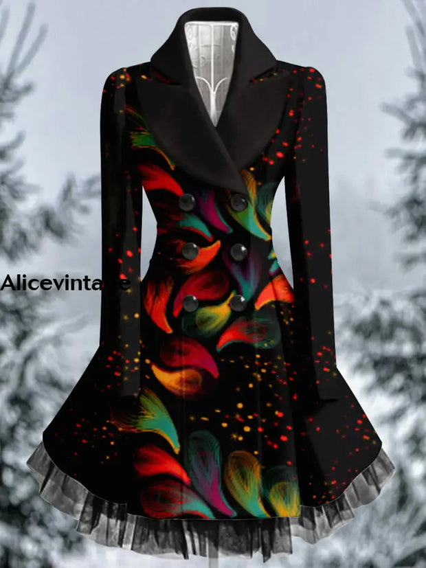 Feather Print Vintage Elegant Lapel V-Neck Button Up Long Sleeve Coat Dress A / S